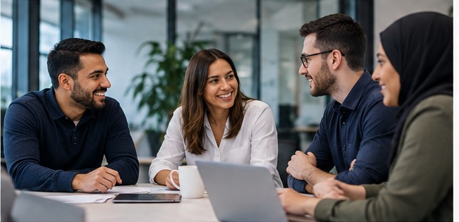 Divers IT-team dat samenwerkt aan een laptop in een modern kantoor