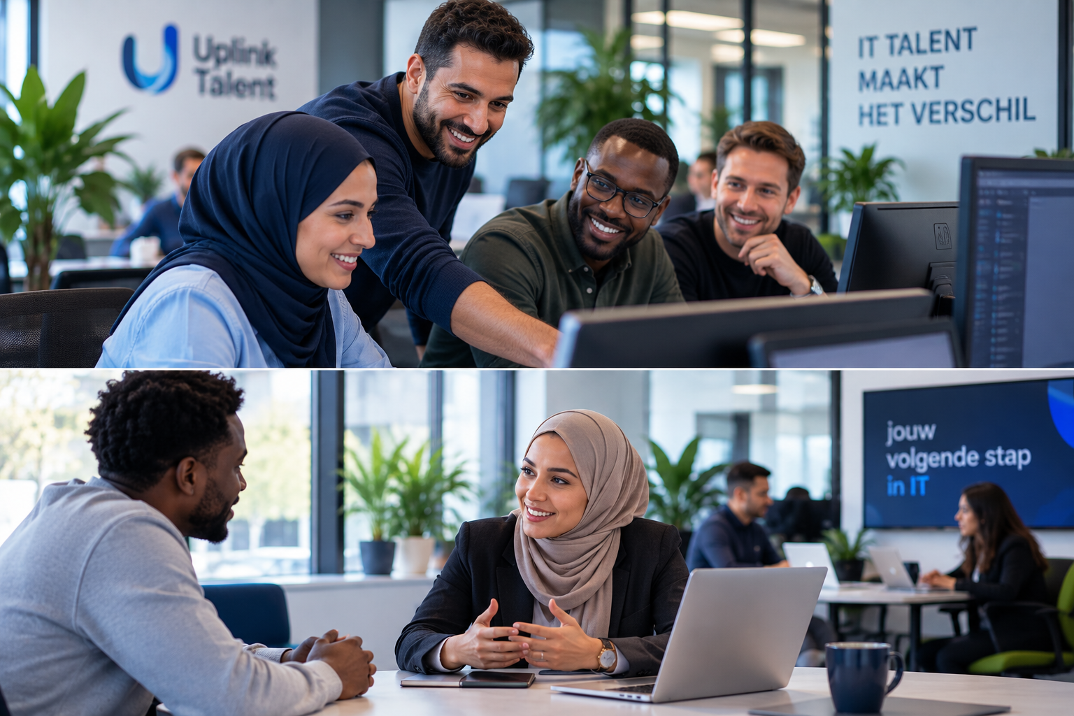 Diverse IT-collega’s overleggen samen in een moderne kantooromgeving.