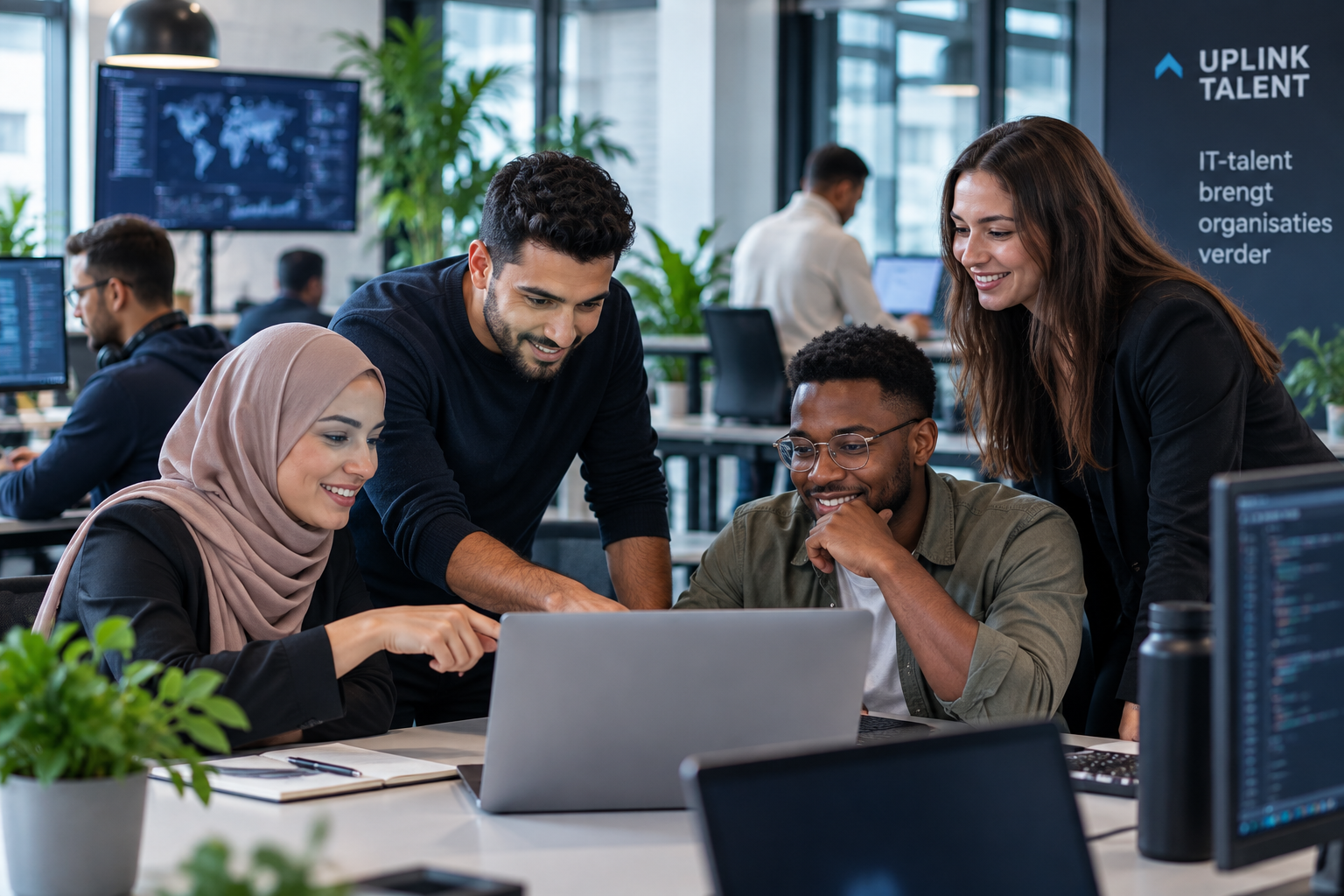 Divers IT-team werkt samen rond een laptop in een moderne kantooromgeving.