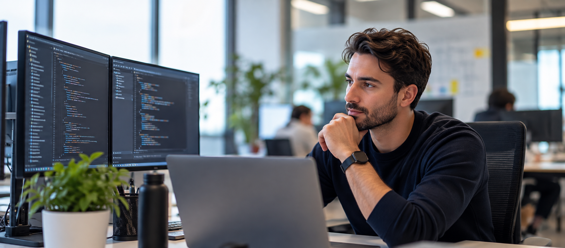 IT-professional werkt geconcentreerd in een moderne kantooromgeving
